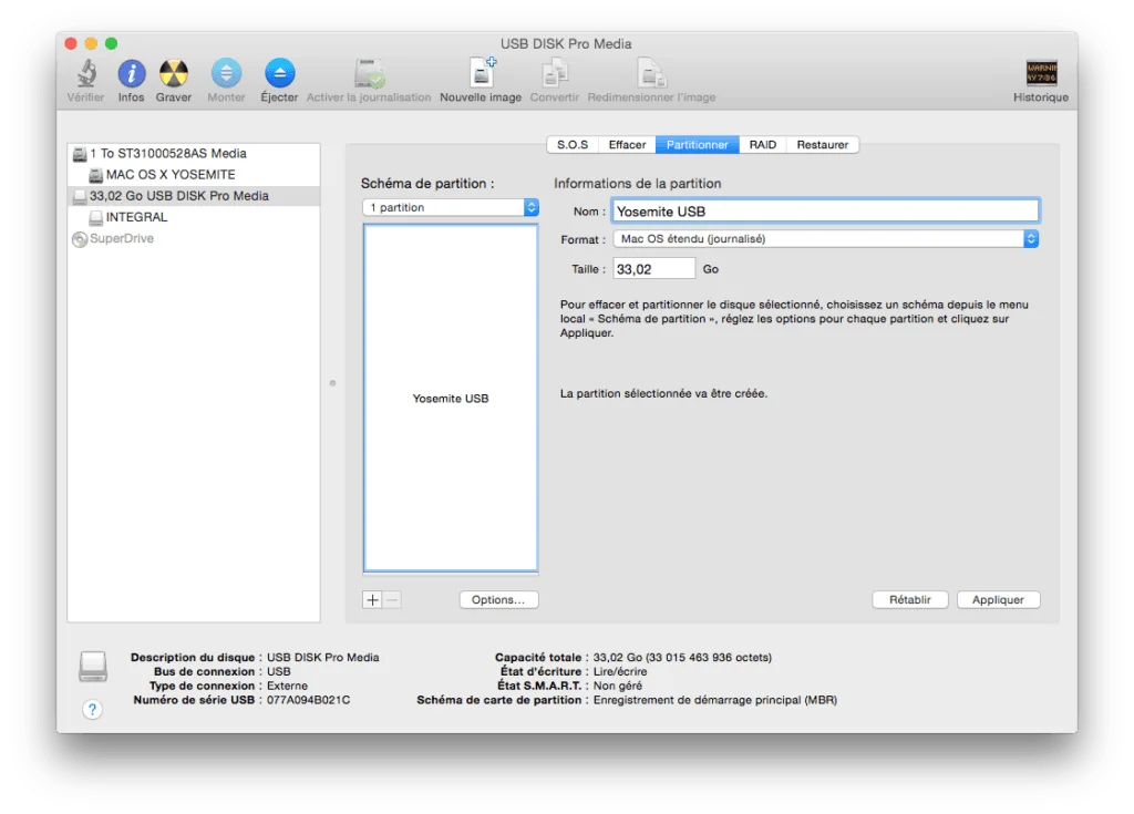 installer Yosemite sur cle USB mac os etendu journalise