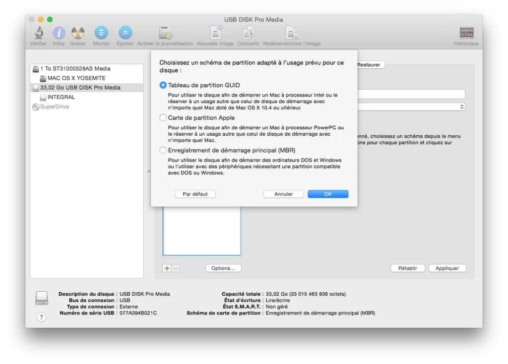 installer Yosemite sur cle USB mac tableau de partition GUID