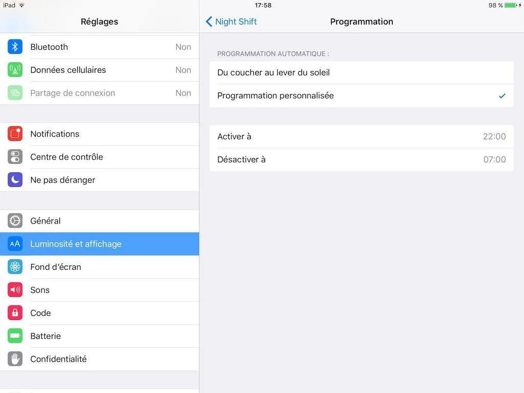 Activer Night Shift du coucher au lever du soleil