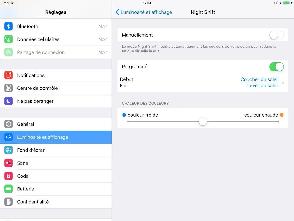 Activer Night Shift le mode nuit