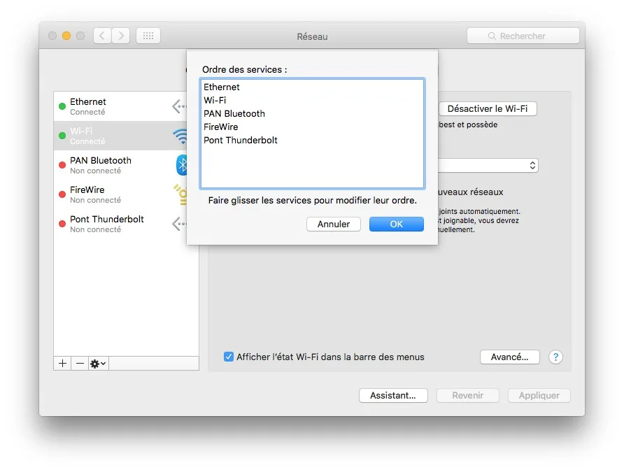 Utiliser WiFi et Ethernet sur Mac ordre des services