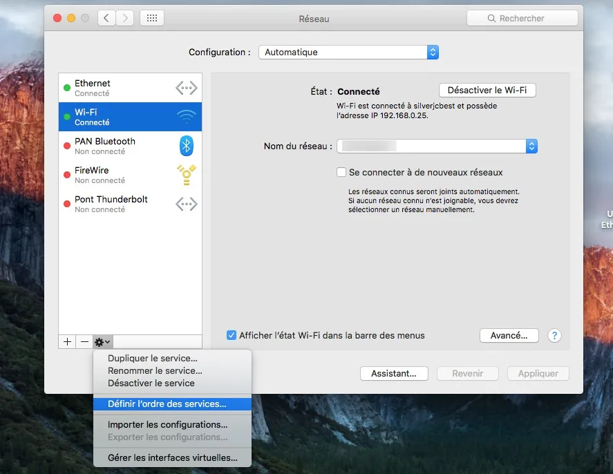 Utiliser WiFi et Ethernet sur Mac os x definir ordre des services