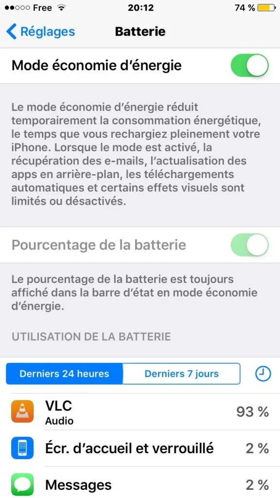 activer le mode économie d'énergie iPhone batterie en jaune