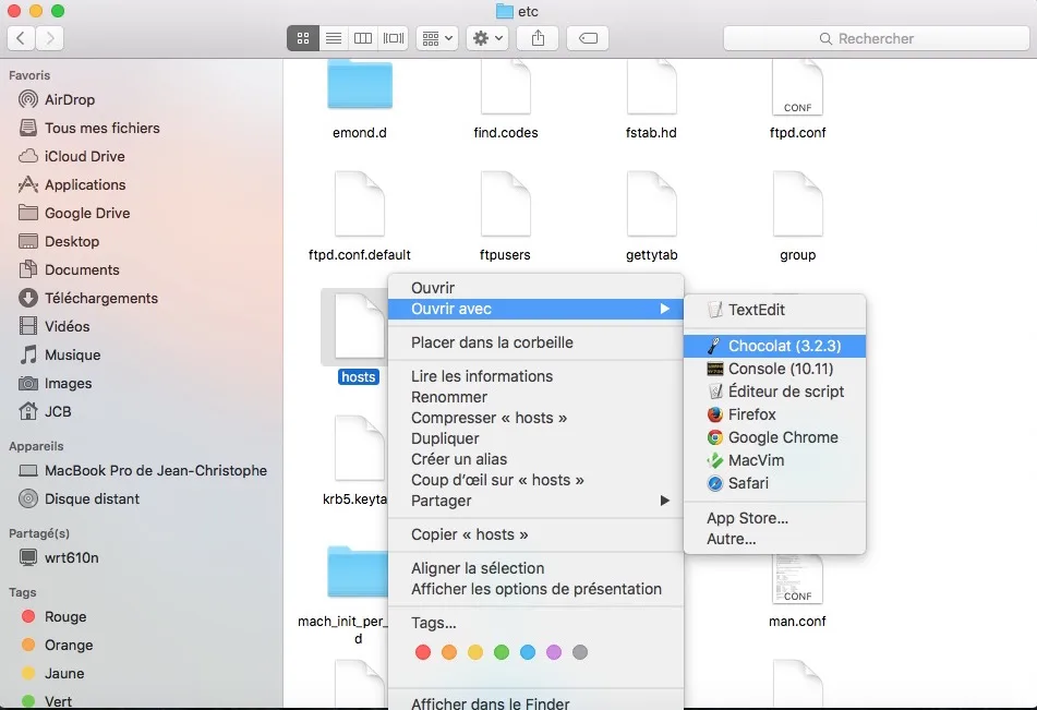 fichiers hosts mac finder