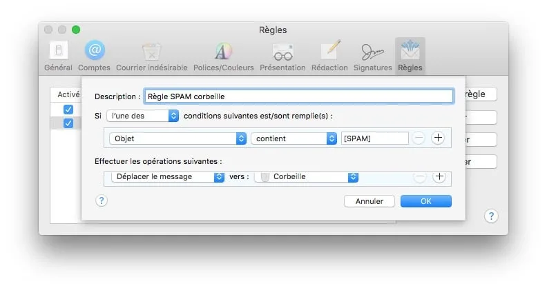 gerer les spams sur mac corbeille