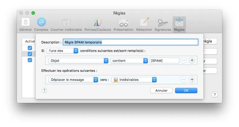 gerer les spams sur mac deplacer vers dossier