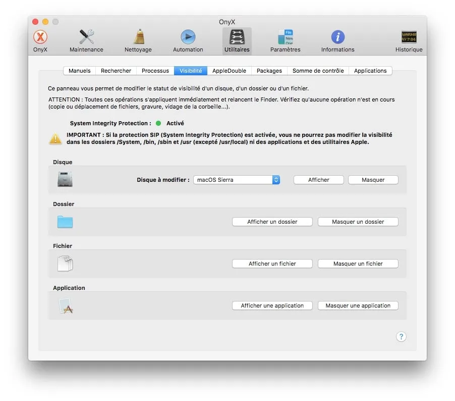 Onyx macOS Sierra (10.12) : mode d'emploi 8 Onyx macOS Sierra SIP