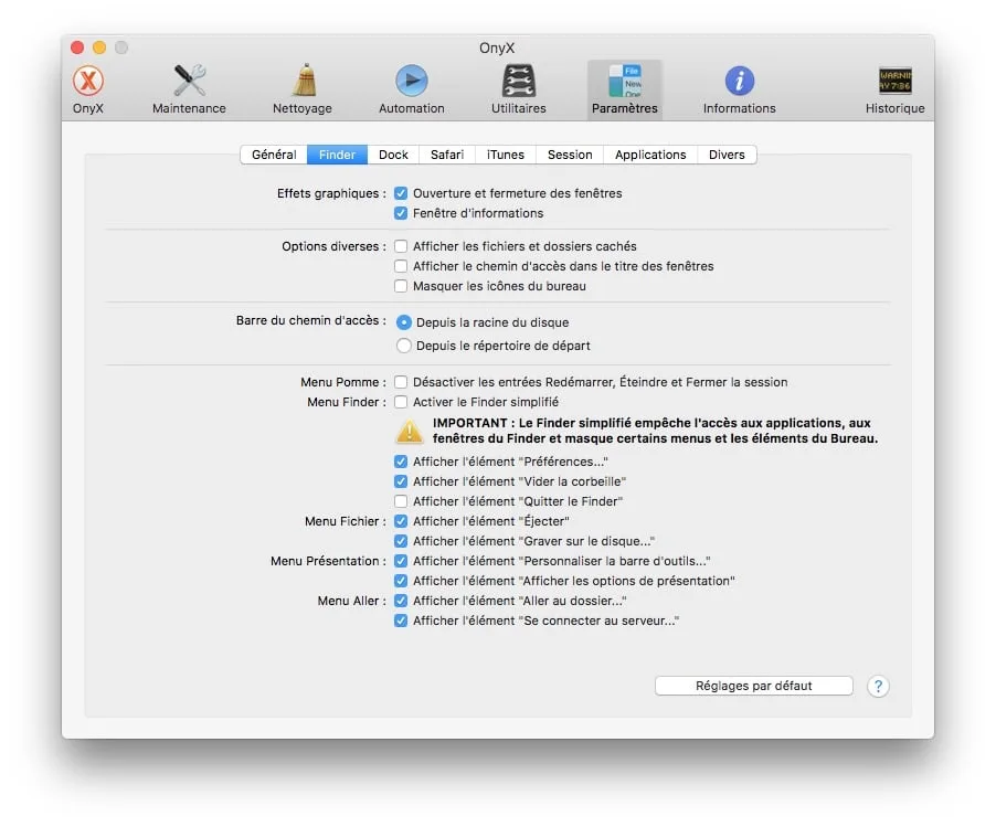 Onyx macOS Sierra (10.12) : mode d'emploi 11 Onyx macOS Sierra afficher fichiers caches