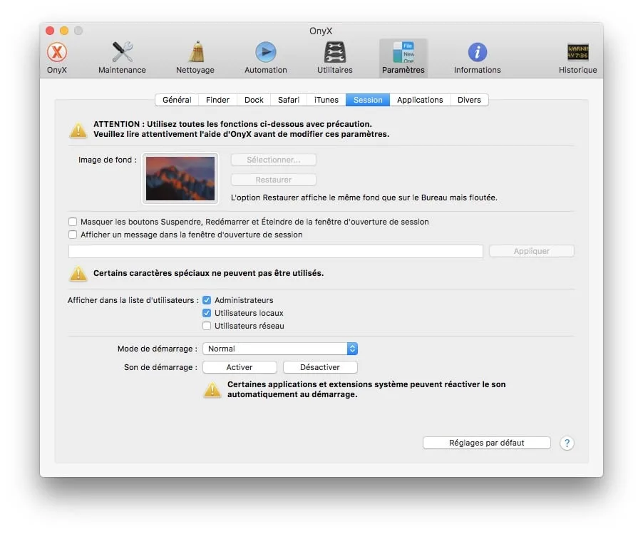 Onyx macOS Sierra (10.12) : mode d'emploi 12 Onyx macOS Sierra session