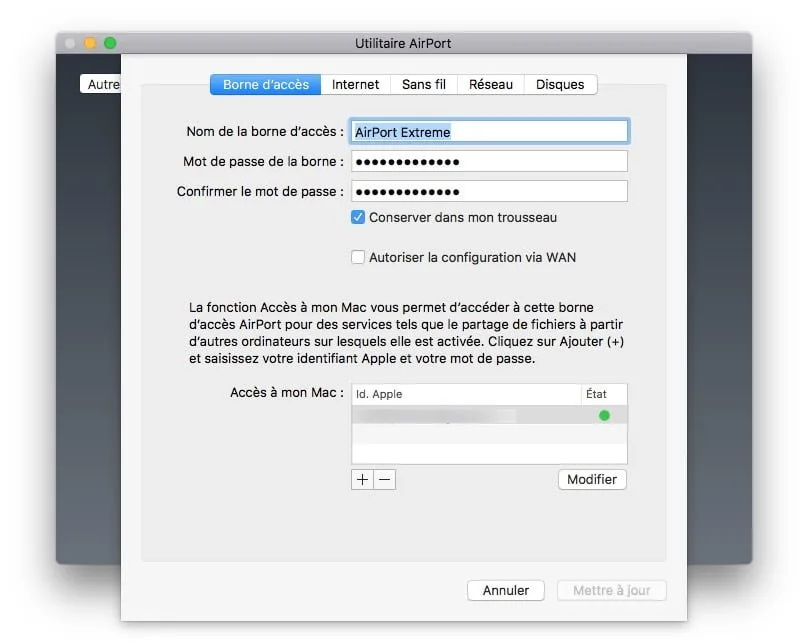 Apple Airport Extreme : tour d'horizon et configuration 7 Apple airport menu borne acces