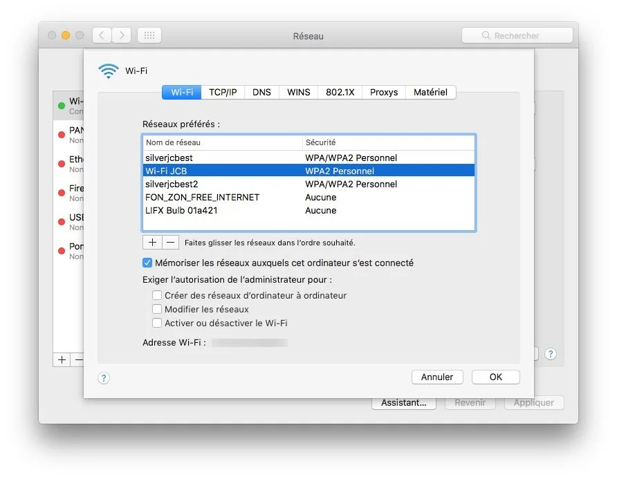 Réseaux préférés WiFi sur Mac : choisir les meilleurs 3 reseaux preferes WiFi sur Mac onglet Wi-Fi