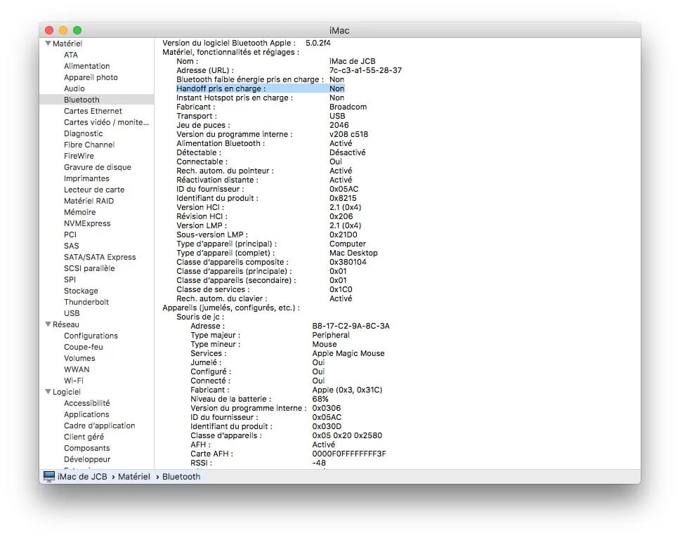 Informations systeme Mac bluetooth handoff