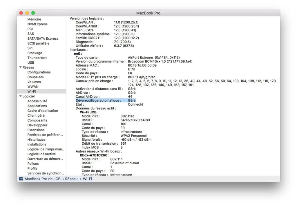 Informations systeme Mac deverrouillage apple watch