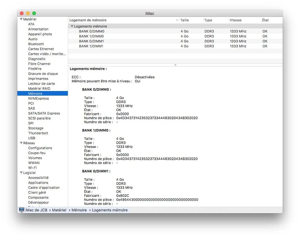 Informations système Mac memoire