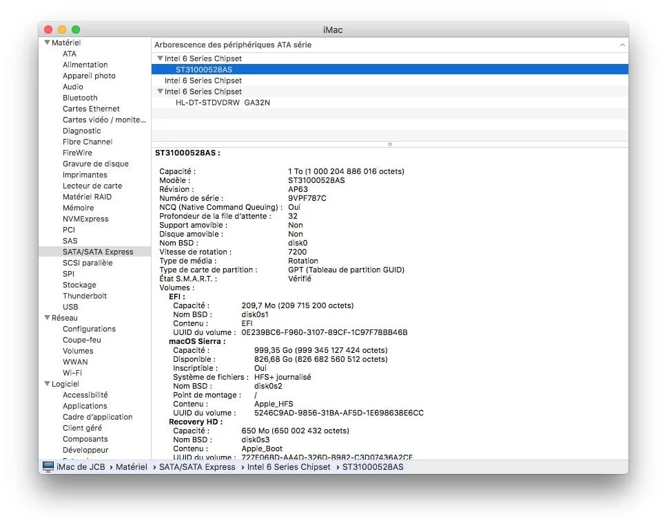 Informations système Mac os sierra disque dur