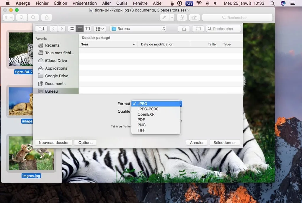 Convertir des images sur Mac jpeg png tiff