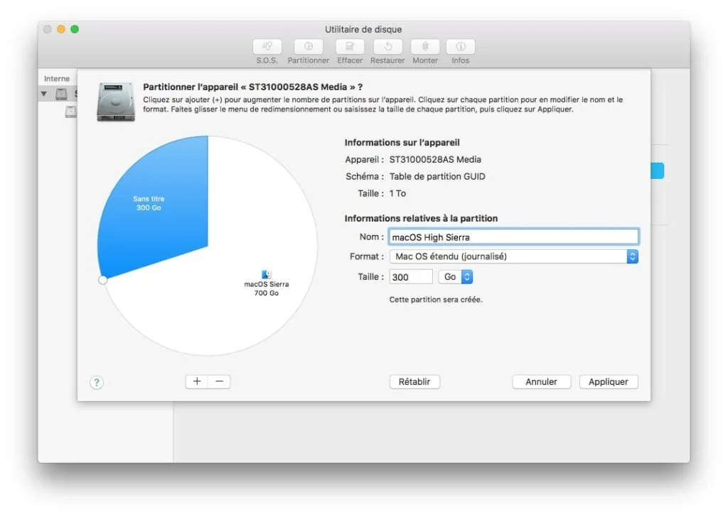 Installer macOS High Sierra en dual boot creer partition