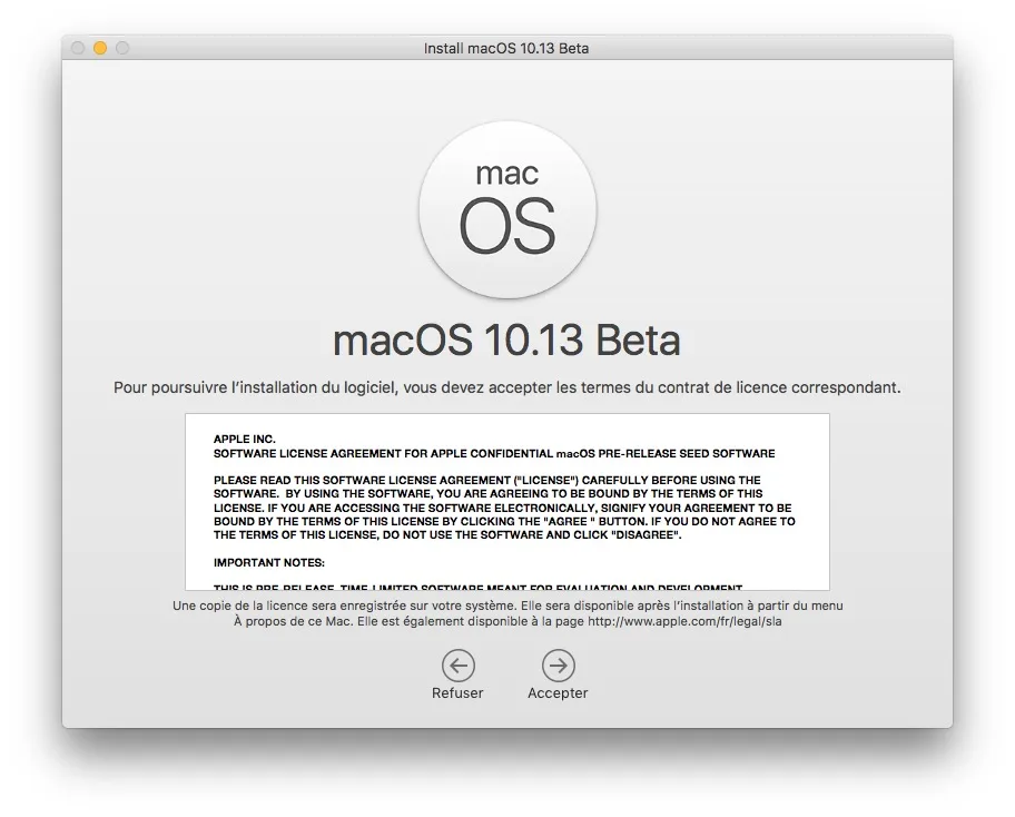 macOS 10.13 accepter termes du contrat