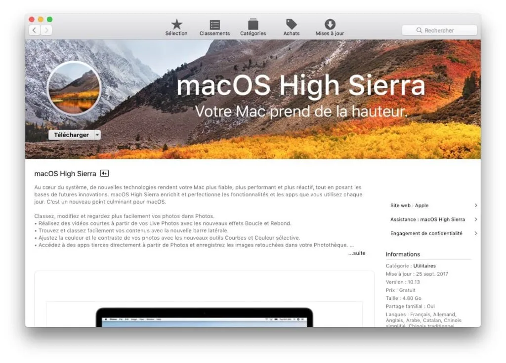 Installer macOS High Sierra par app store