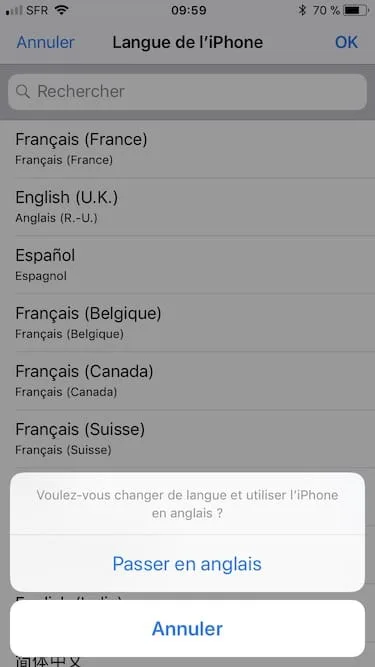 Changer la langue d'un iPhone passer en anglais