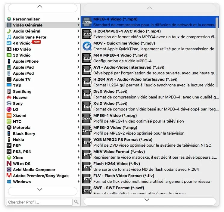 Convertir une video 4K sur Mac Macbook en mpeg4 mkv xvid h264 mov avi