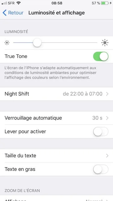 Desactiver True tone sur iPhone Luminosite
