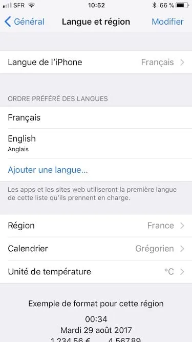 modifier langue iphone