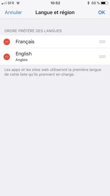 ordre prefere langue iphone
