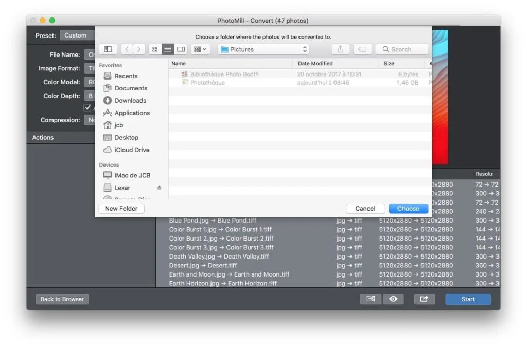 Convertir des photos sur Mac dossier de destination