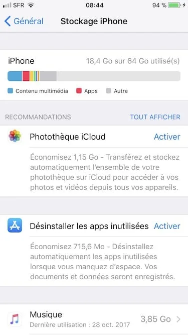 gerer lespace de stockage iphone memoire utilisee