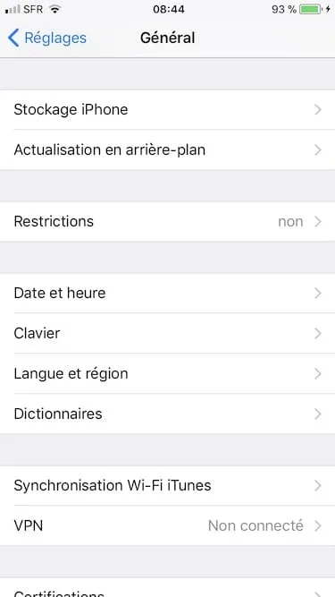 Gérer l'espace de stockage iPhone réglages général