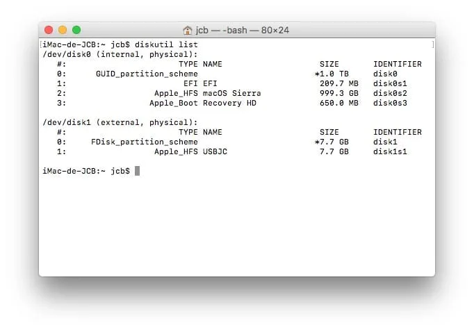 Formater sur Mac avec le Terminal diskutil list