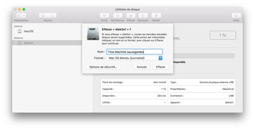 Sauvegarder son Mac avec Time Machine formater le disque en macos etendu