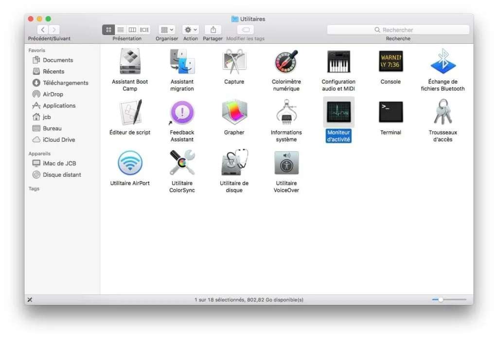 Moniteur dactivité Mac dossier utilitaire