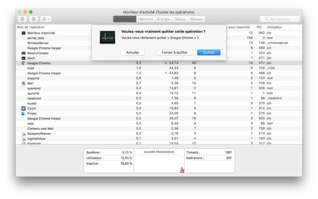Moniteur dactivite Mac plantage apps