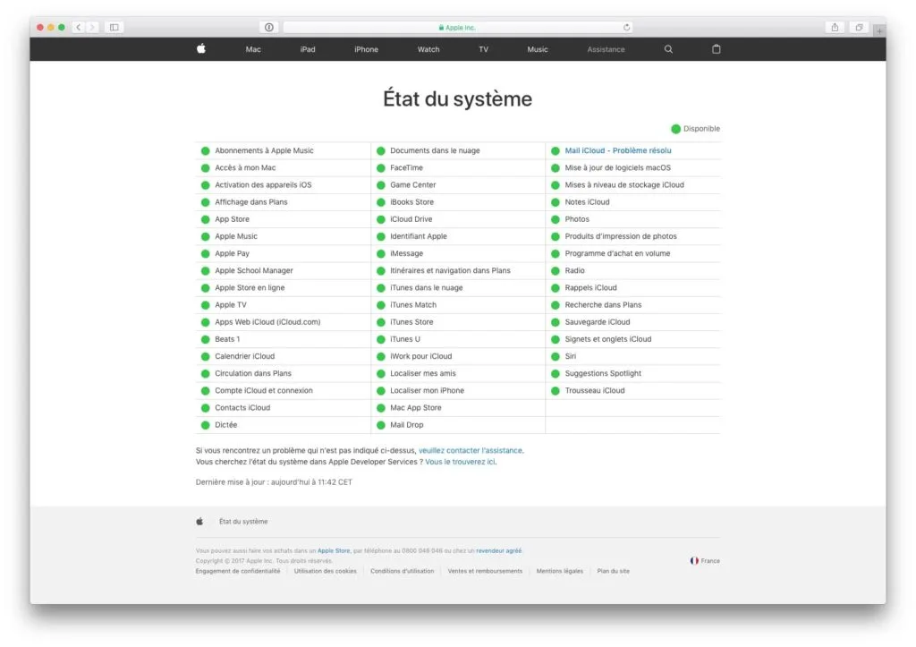 Apple System Status disponible