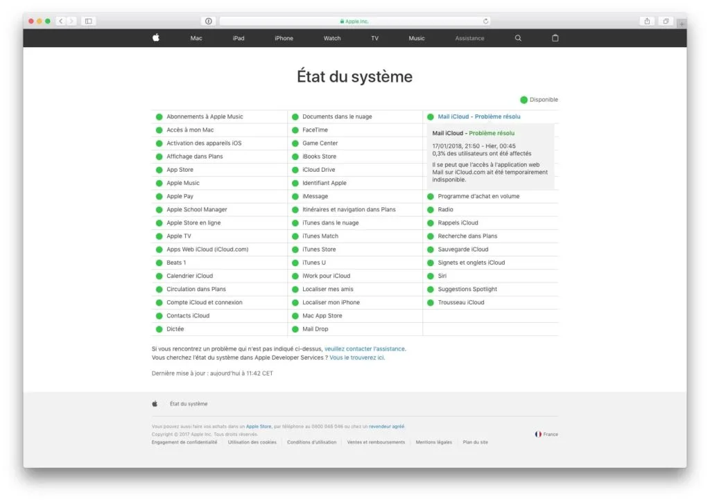 Apple System Status probleme resolu