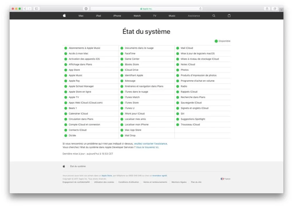 Apple System Status tout fonctionne bien