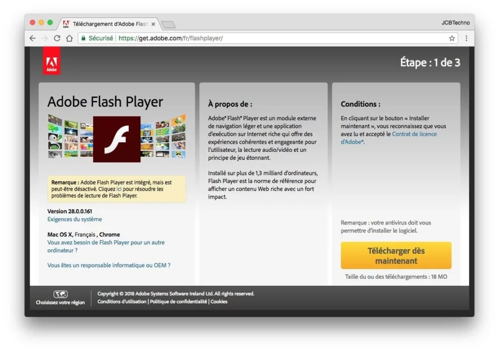 Installer Flash Player macOS High Sierra telecharger sur le site Adobe