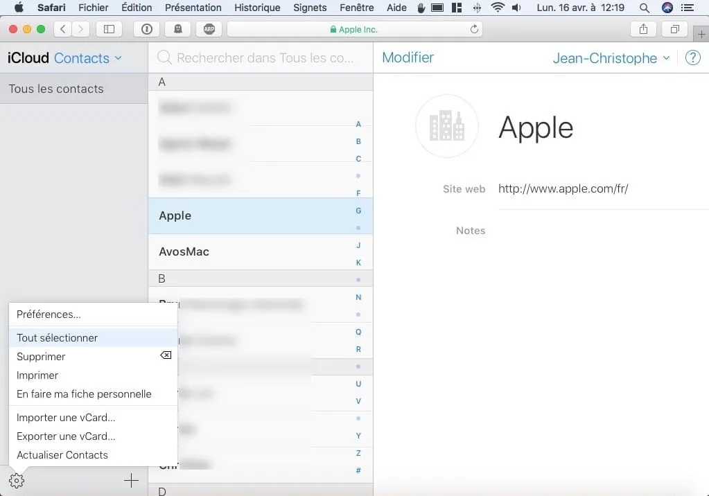 Exporter ses Contacts iphone icloud tout selectionner