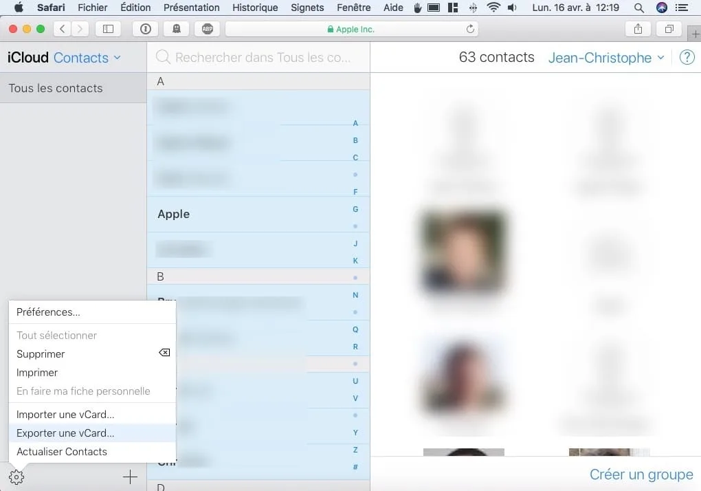 Exporter ses Contacts iphone menu exporter une vCard