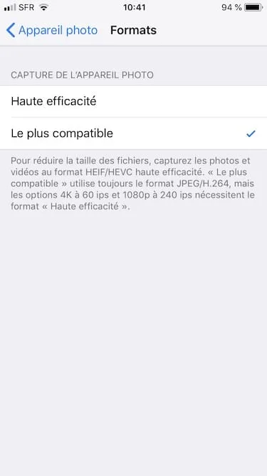 Prendre les photos en JPEG sur iPhone menu Le plus compatible