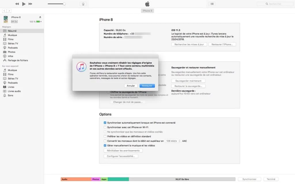 Reinitialiser son iPhone avec iTunes restaurer iphone