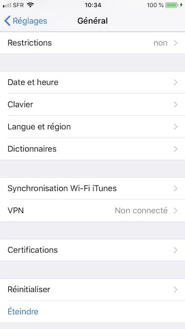 Reinitialiser son iPhone reglages general