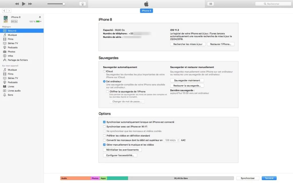 Reinitialiser son iPhone sauvegarde iTunes