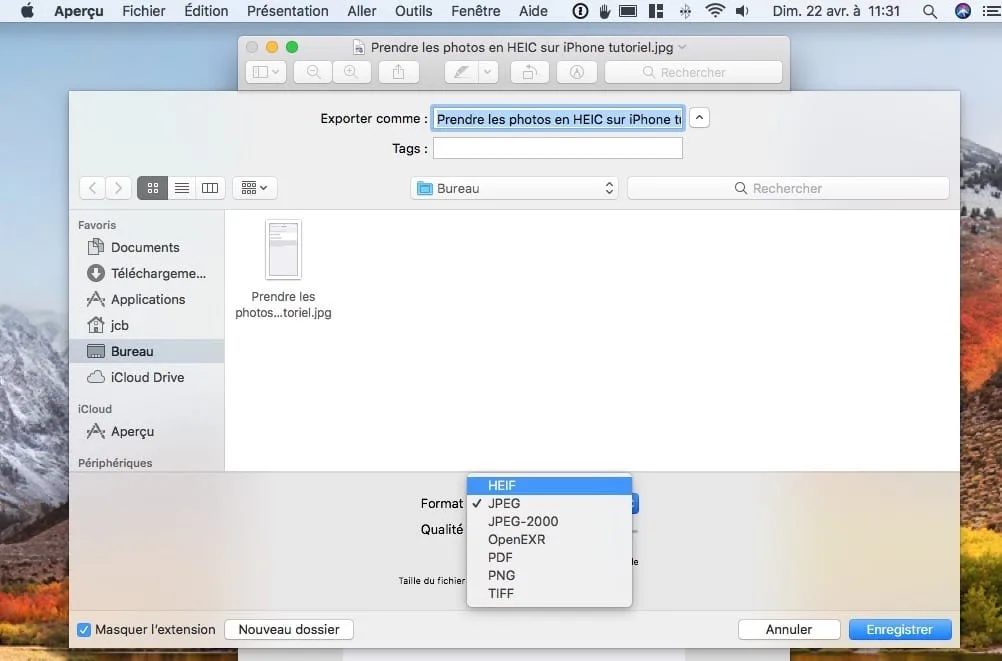 convertir en HEIC avec Apercu Mac