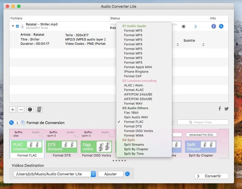 Convertir un fichier audio sur Mac Audio Converter Lite