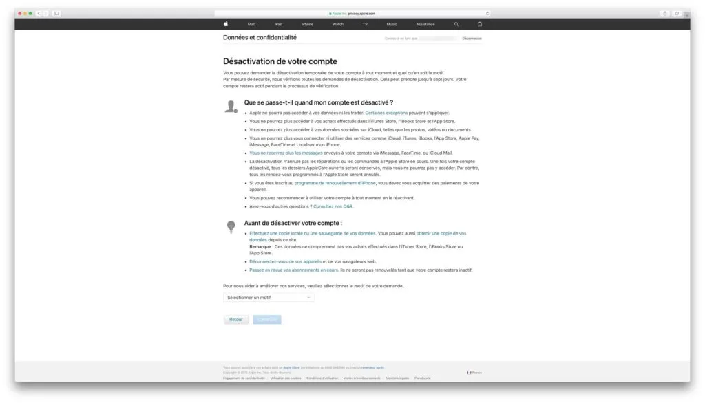 Gérer votre confidentialité Apple et vos données 5 Gerer votre confidentialite Apple Desactivation de votre compte