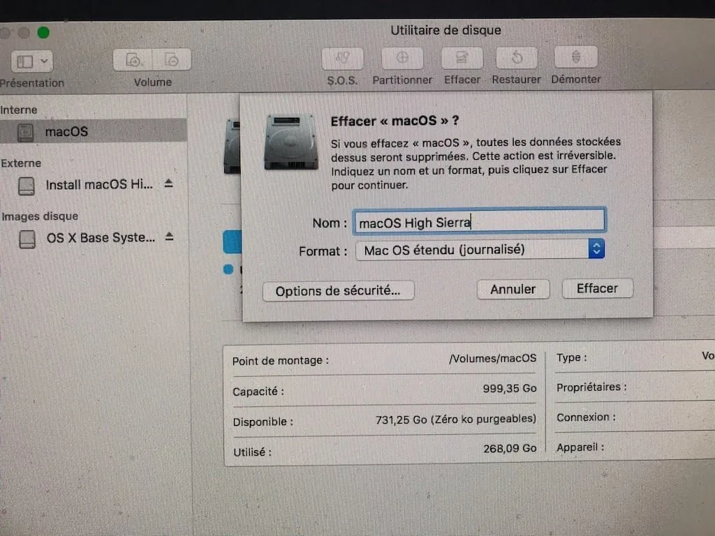 Downgrade macOS Mojave macos High Sierra formatage disque
