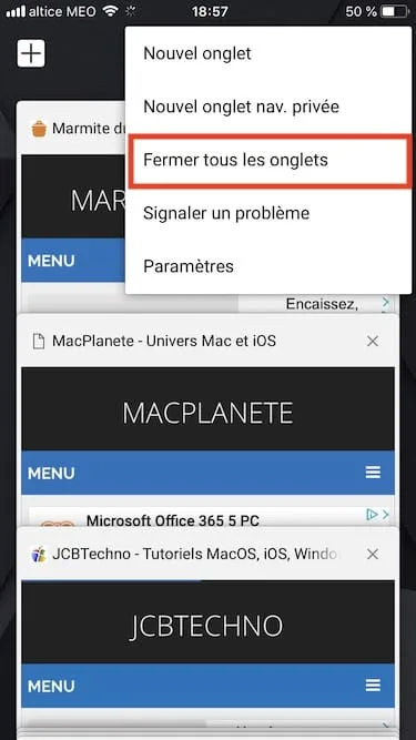 Fermer tous les onglets de Chrome iOS 12